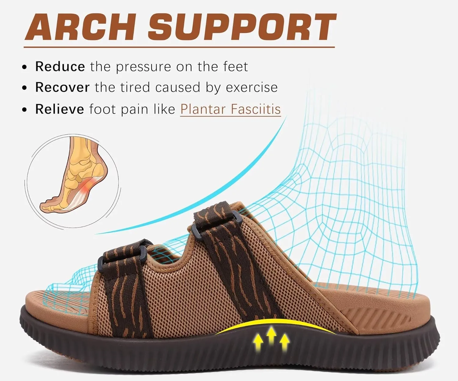 KuaiLu Mens Orthotic Sandals Athletic Thick Cushion Recovery Sport Slides Adjustable Strap Open Toe Walking Sandles With Comfortable Plantar Fasciitis Arch Support