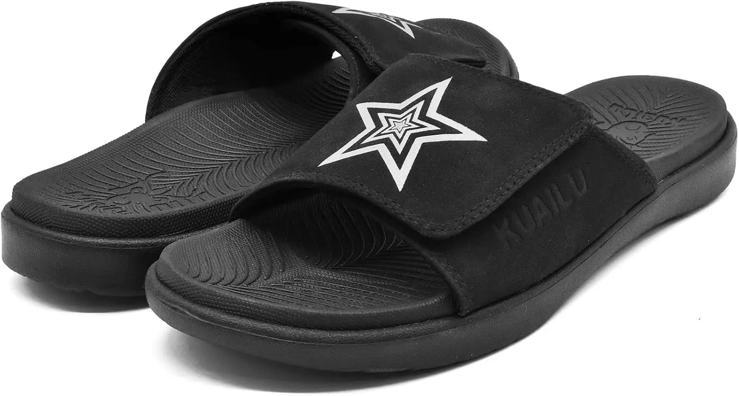 KuaiLu Mens Slides Soft Cushion Sport Sandals with Plantar Fasciitis Arch Support Adjustable Open Toe Summer Slippers Slip on Indoor Outdoor Size 7-15