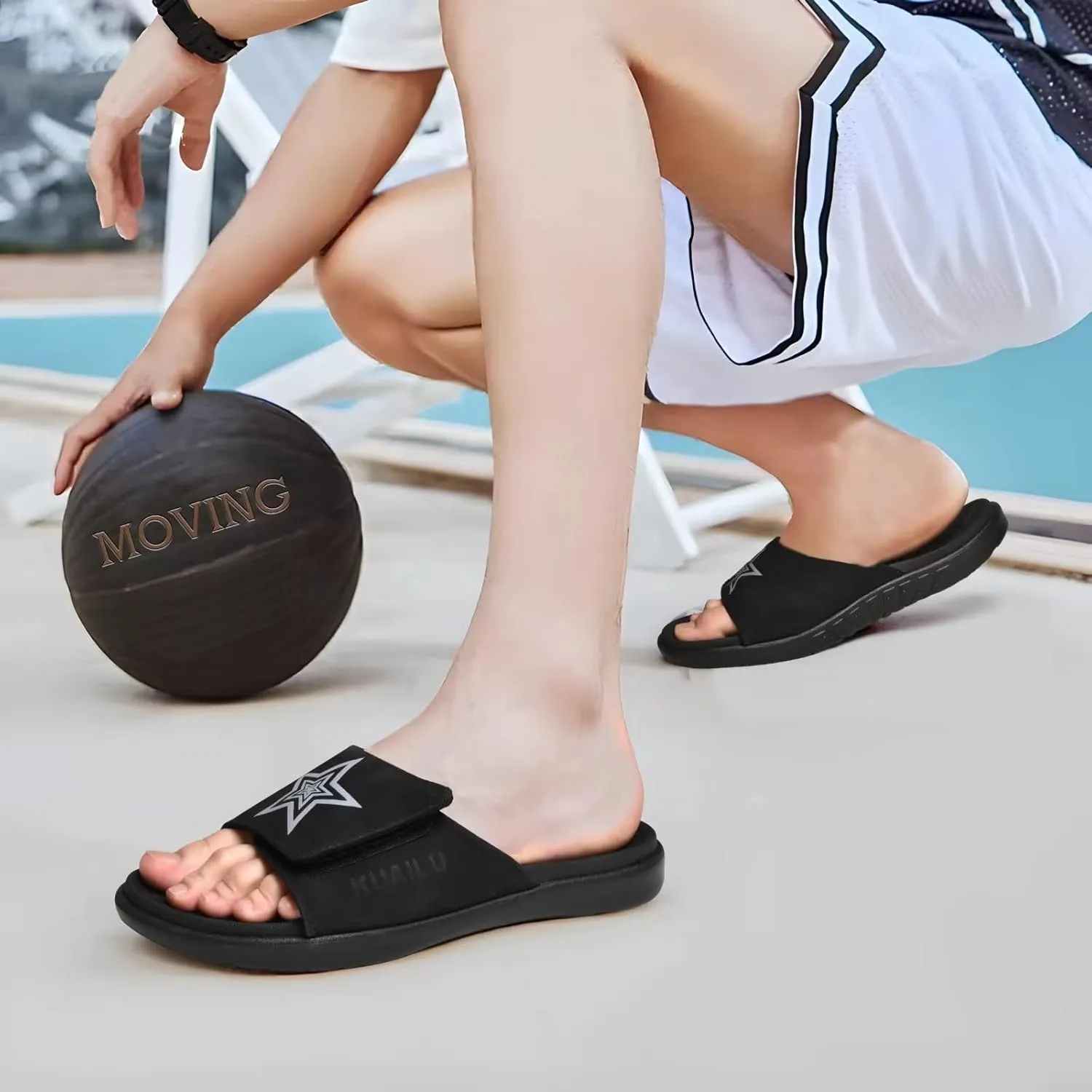 KuaiLu Mens Slides Soft Cushion Sport Sandals with Plantar Fasciitis Arch Support Adjustable Open Toe Summer Slippers Slip on Indoor Outdoor Size 7-15