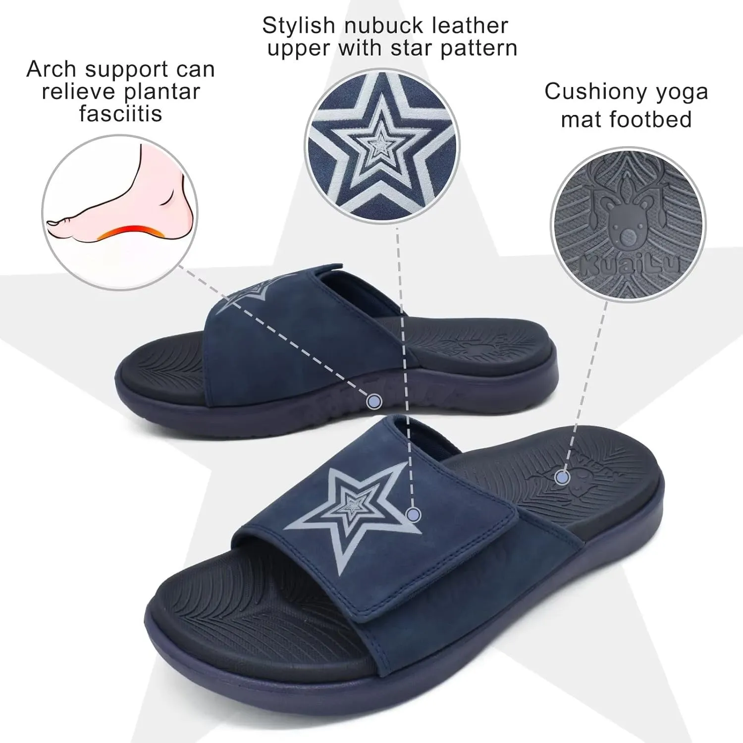 KuaiLu Mens Slides Soft Cushion Sport Sandals with Plantar Fasciitis Arch Support Adjustable Open Toe Summer Slippers Slip on Indoor Outdoor Size 7-15