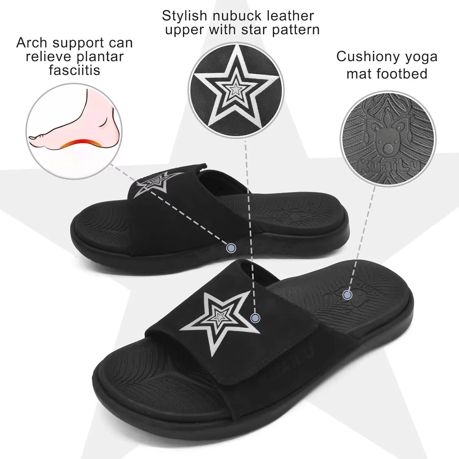KuaiLu Mens Slides Soft Cushion Sport Sandals with Plantar Fasciitis Arch Support Adjustable Open Toe Summer Slippers Slip on Indoor Outdoor Size 7-15
