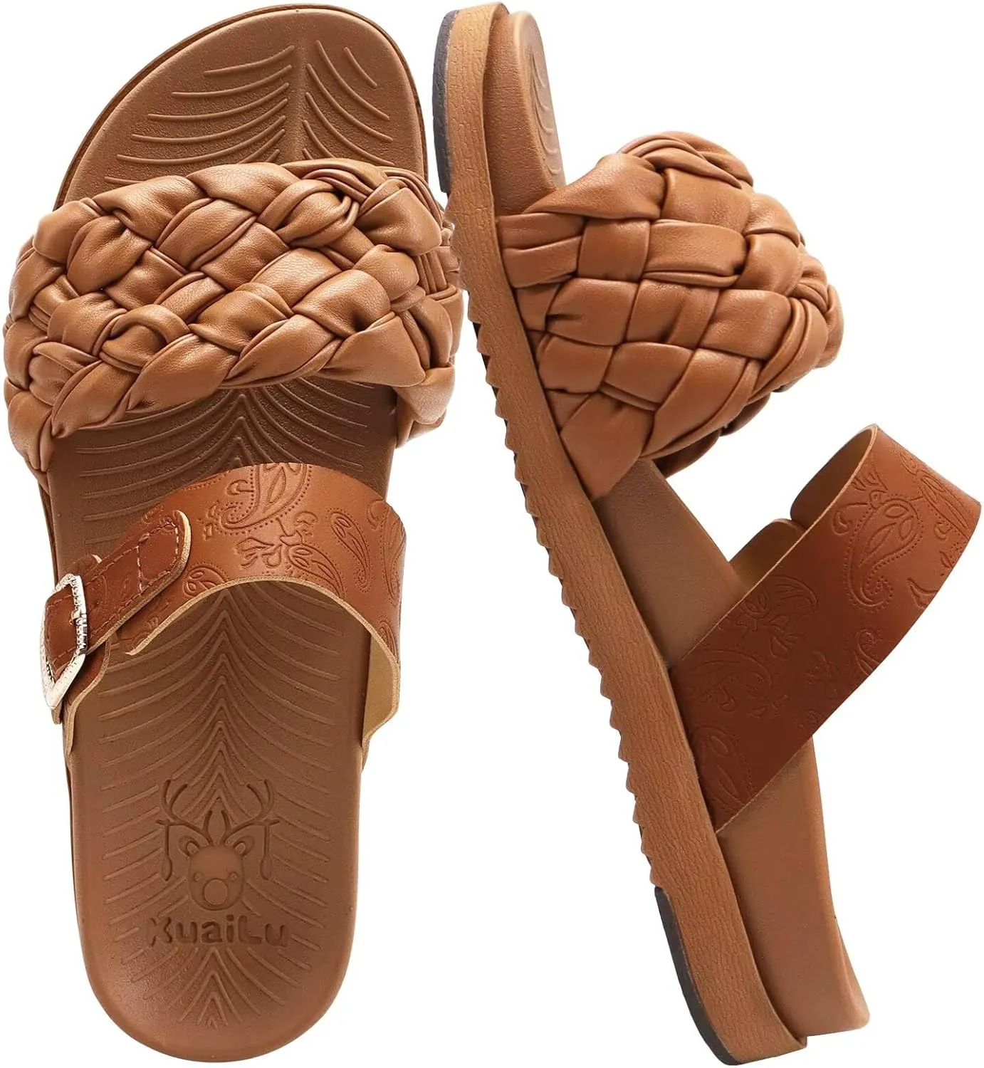 KuaiLu Womens Orthopedic Sandals Comfortable Arch Support Fashion Summer Beach Dressy Sandals With Leather Braided Adjustable Open Toe Cushion Travel Outdoor Plantar Fasciitis Shoes US Size5-11