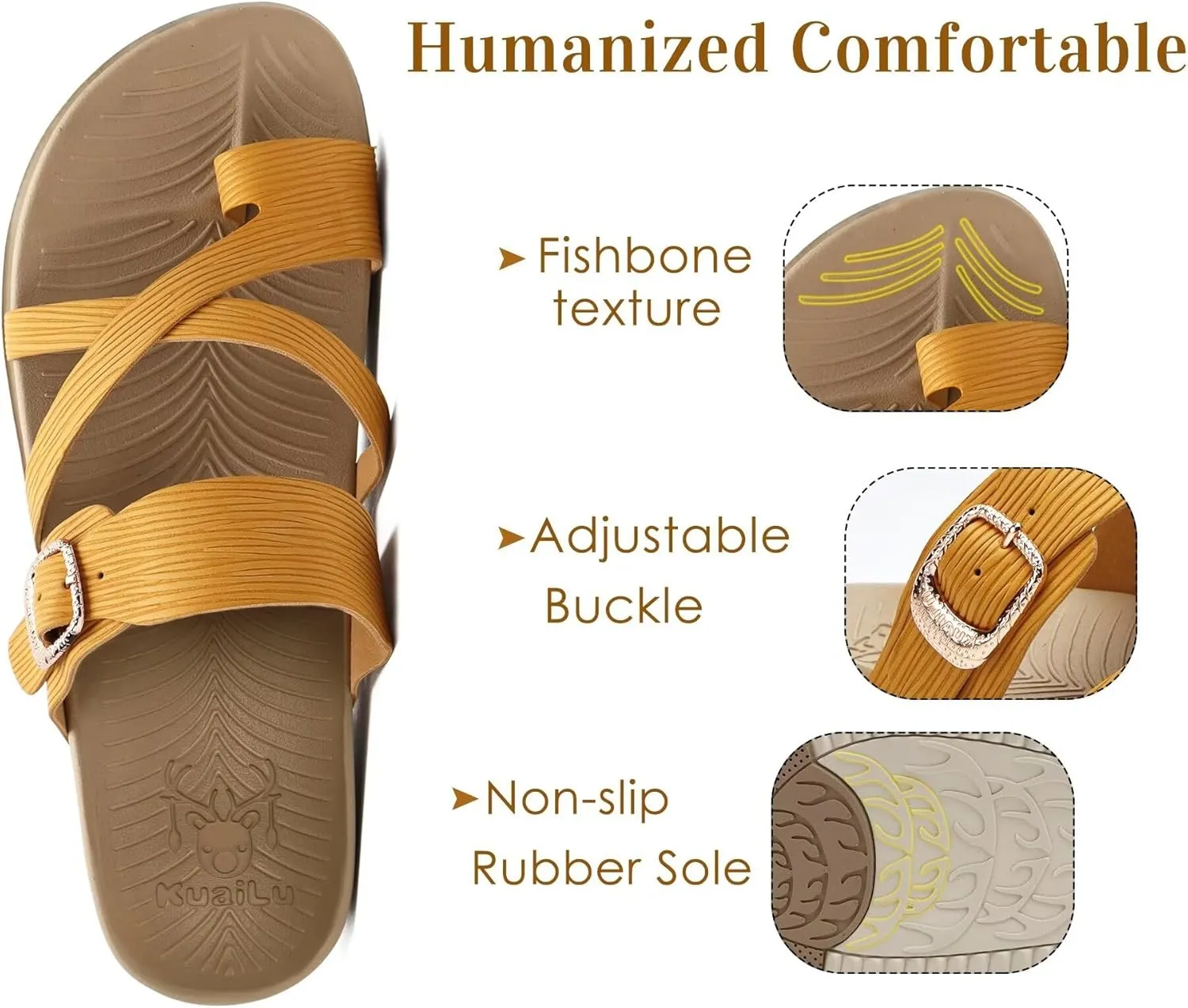 KuaiLu Womens Orthopedic Sandals With Comfortable Arch Support Cushion Yoga Mat Slides Fashion Summer Beach Flat Sandles Adjustable Open Toe Travel Outdoor Plantar Fasciitis Flip Flops US Size 5-11