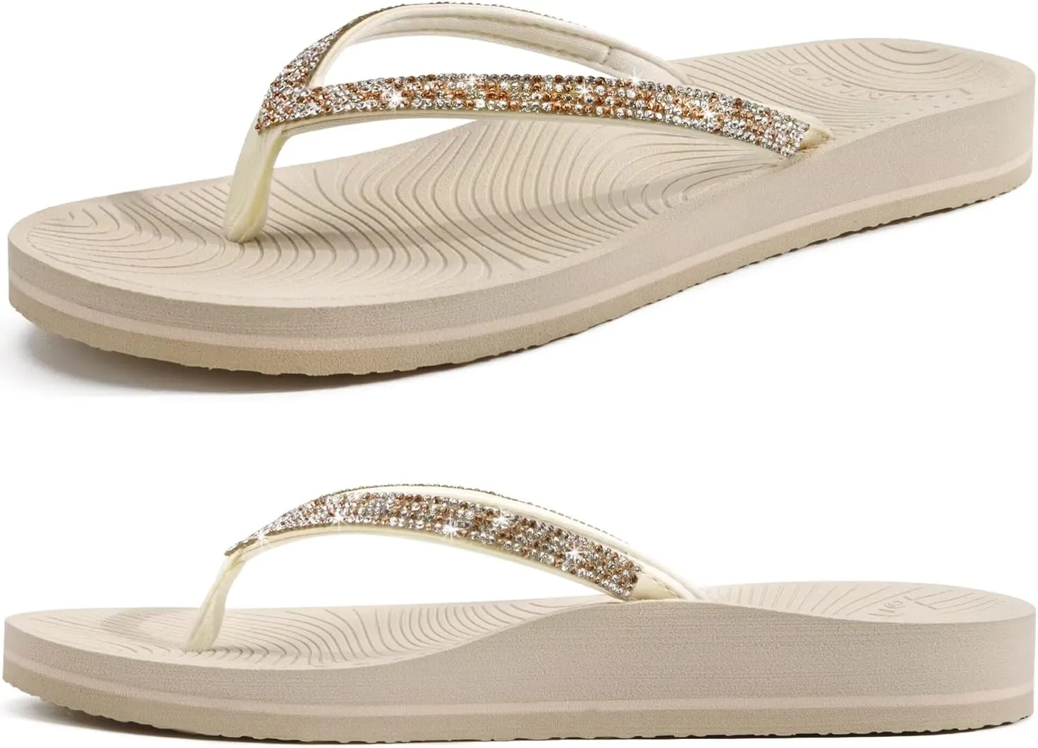 KuaiLu Women's Rhinestone Flip Flops with Comfort Arch Support Yoga Mat Cushion Sandals Fashion Summer Beach Travel Orthotic Walking Thong Sandles Slip on Plantar Fasciitis Indoor Outdoor Shoes