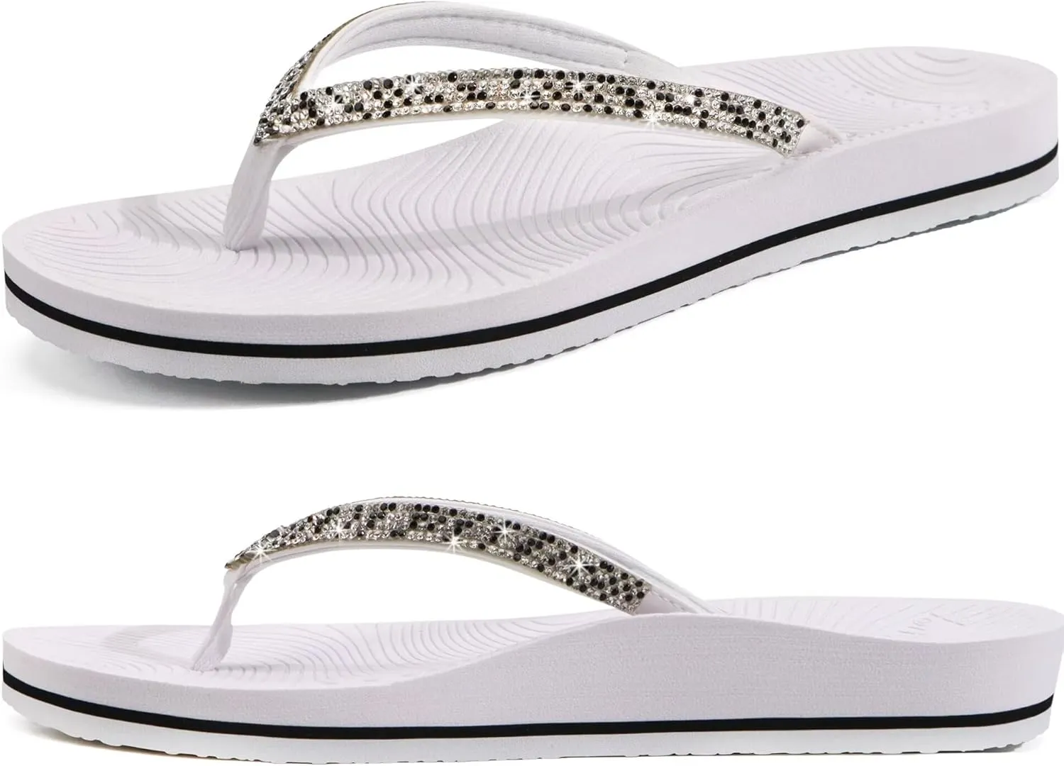 KuaiLu Women's Rhinestone Flip Flops with Comfort Arch Support Yoga Mat Cushion Sandals Fashion Summer Beach Travel Orthotic Walking Thong Sandles Slip on Plantar Fasciitis Indoor Outdoor Shoes