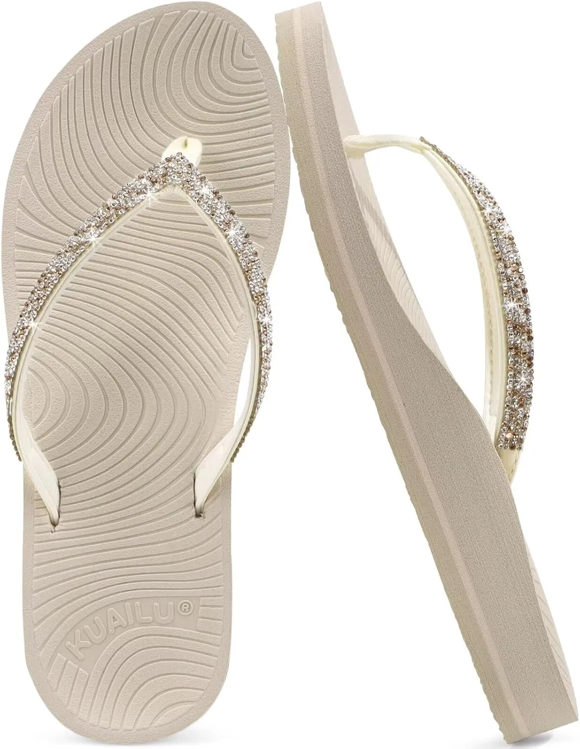 KuaiLu Women's Rhinestone Flip Flops with Comfort Arch Support Yoga Mat Cushion Sandals Fashion Summer Beach Travel Orthotic Walking Thong Sandles Slip on Plantar Fasciitis Indoor Outdoor Shoes
