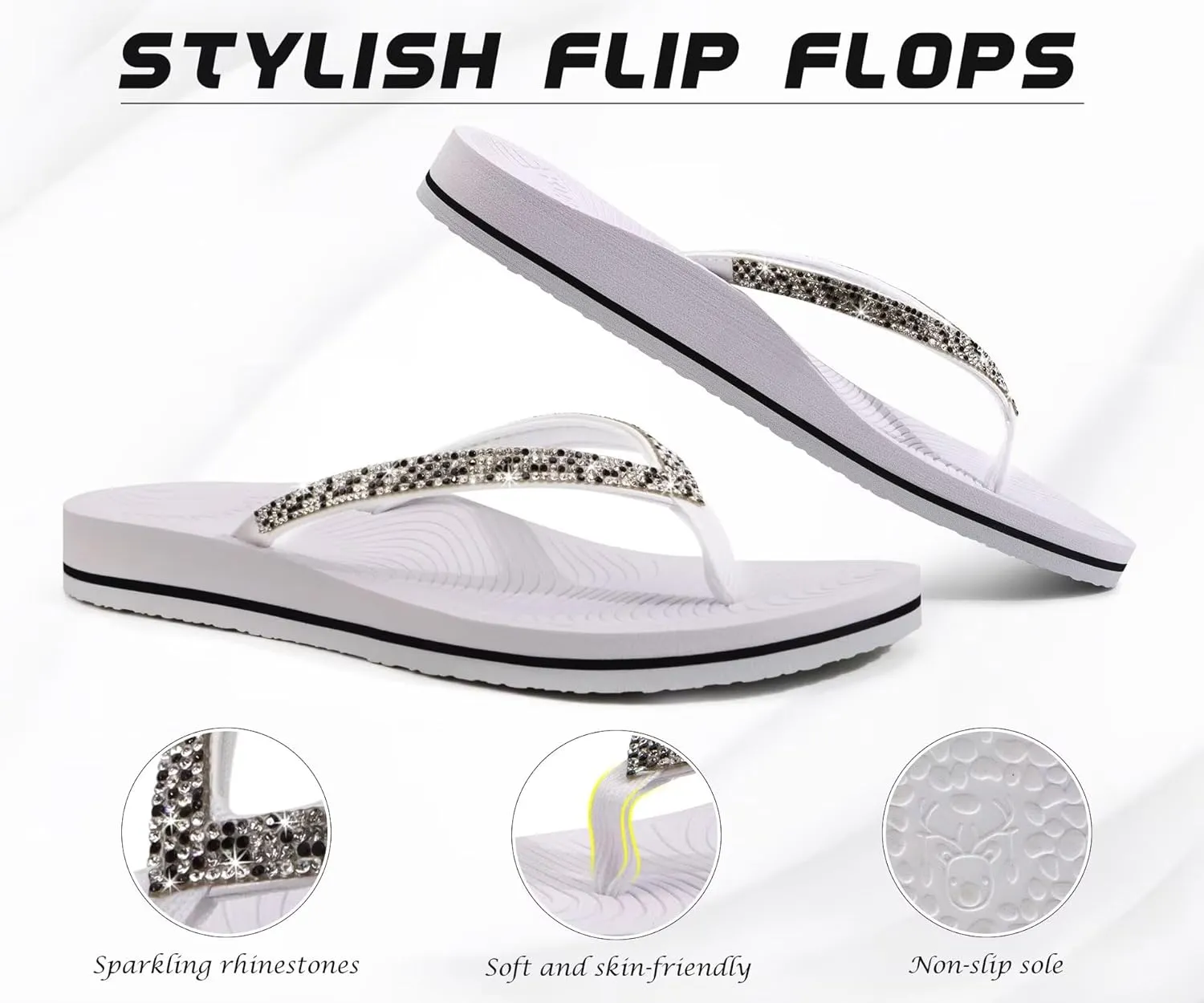 KuaiLu Women's Rhinestone Flip Flops with Comfort Arch Support Yoga Mat Cushion Sandals Fashion Summer Beach Travel Orthotic Walking Thong Sandles Slip on Plantar Fasciitis Indoor Outdoor Shoes