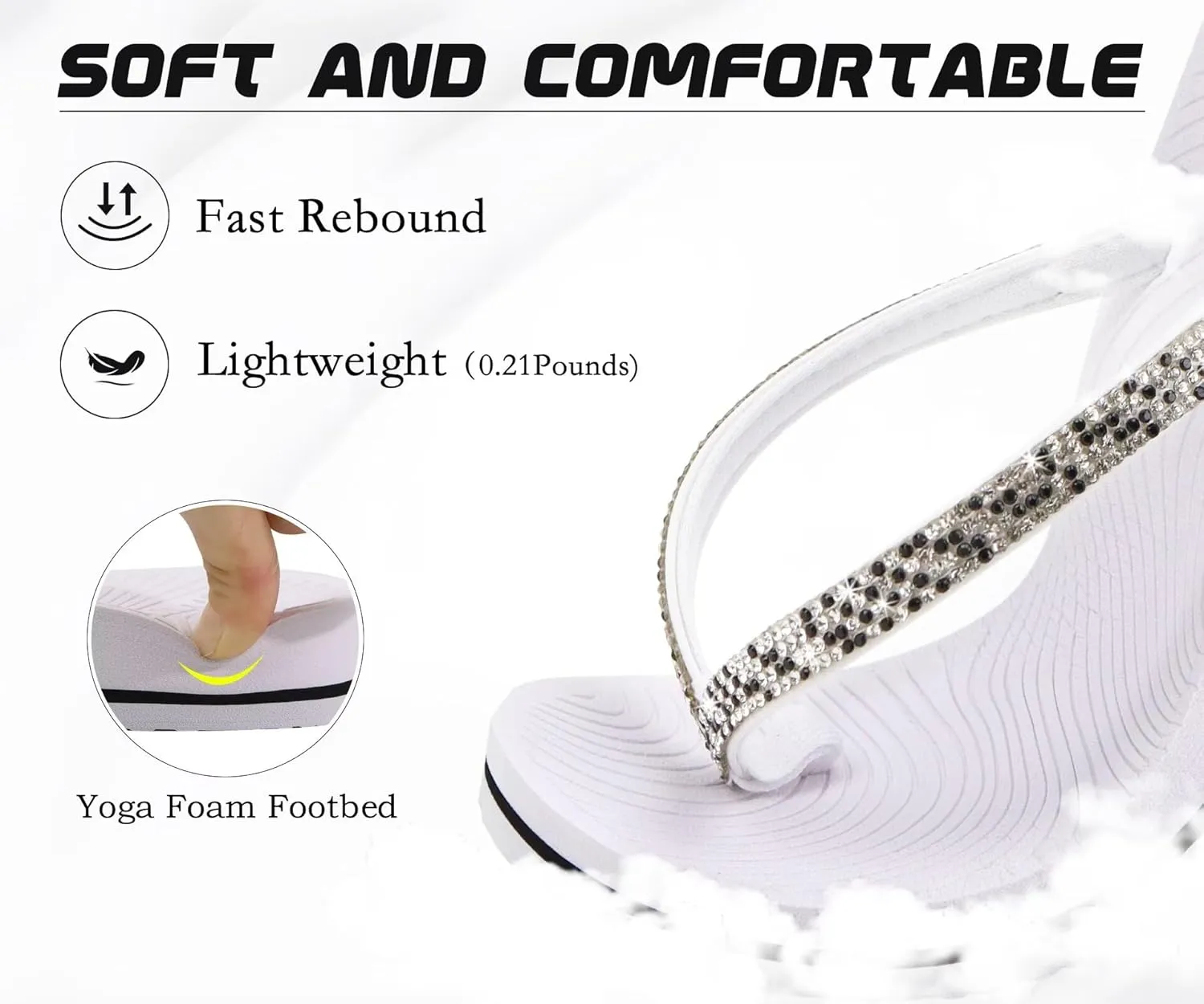 KuaiLu Women's Rhinestone Flip Flops with Comfort Arch Support Yoga Mat Cushion Sandals Fashion Summer Beach Travel Orthotic Walking Thong Sandles Slip on Plantar Fasciitis Indoor Outdoor Shoes
