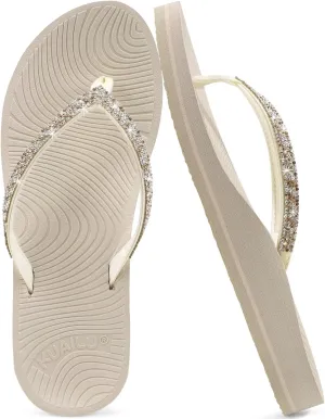 KuaiLu Women's Rhinestone Flip Flops with Comfort Arch Support Yoga Mat Cushion Sandals Fashion Summer Beach Travel Orthotic Walking Thong Sandles Slip on Plantar Fasciitis Indoor Outdoor Shoes