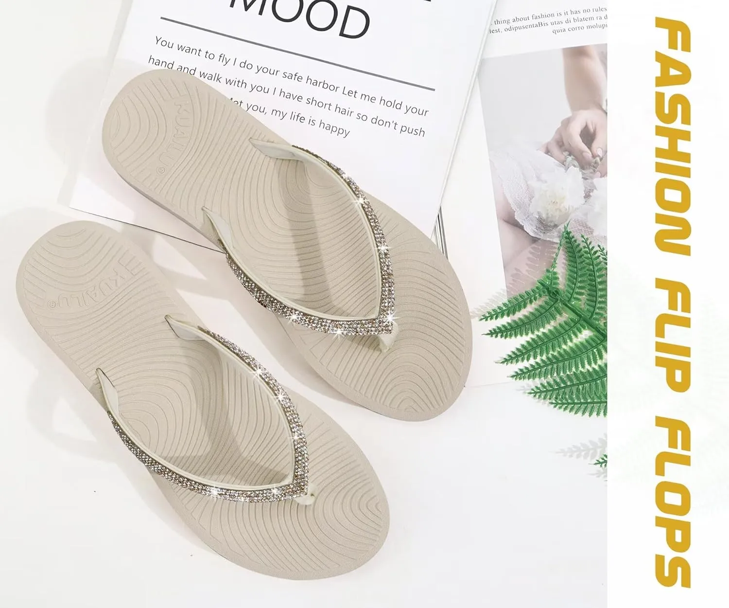 KuaiLu Women's Rhinestone Flip Flops with Comfort Arch Support Yoga Mat Cushion Sandals Fashion Summer Beach Travel Orthotic Walking Thong Sandles Slip on Plantar Fasciitis Indoor Outdoor Shoes