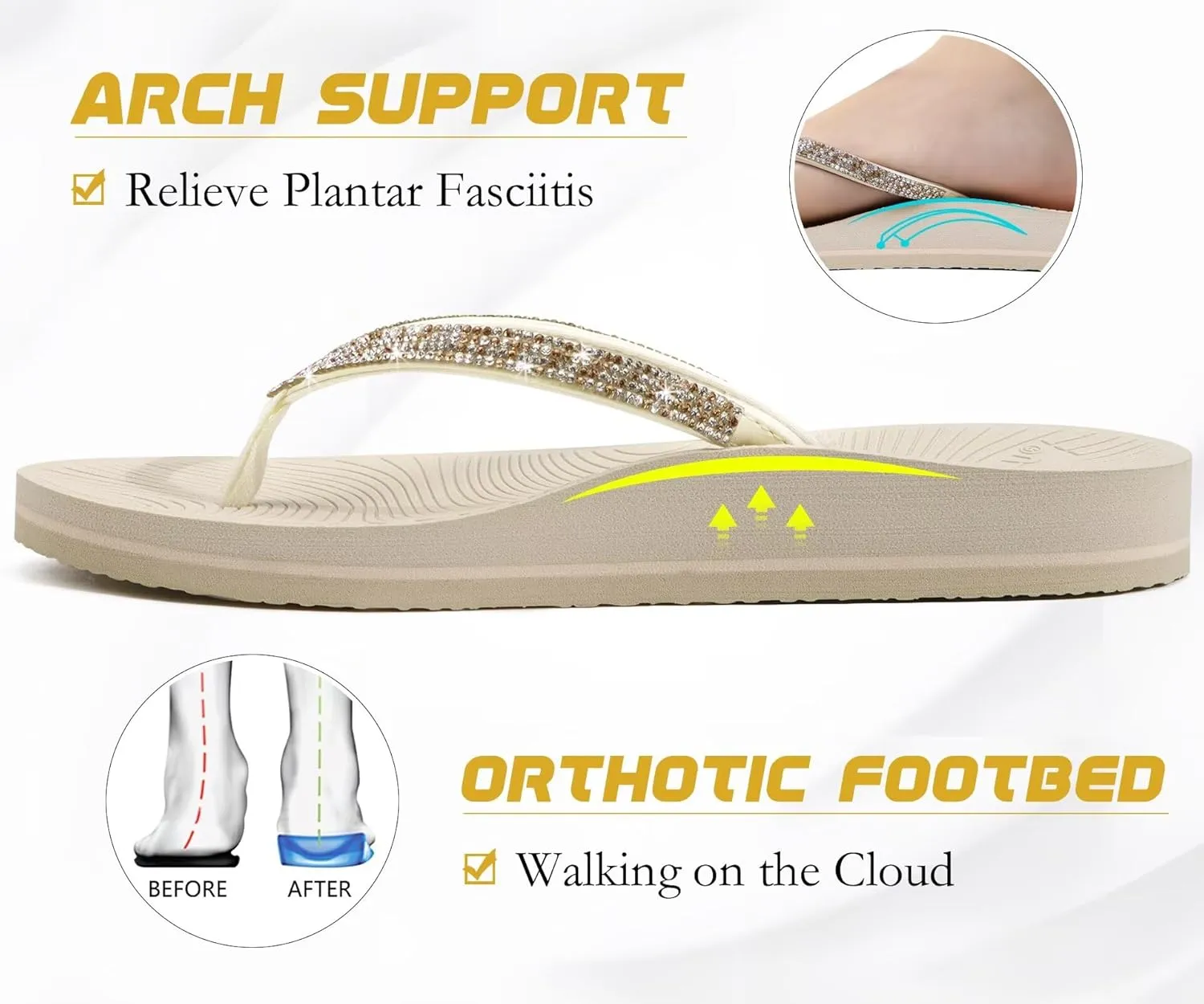 KuaiLu Women's Rhinestone Flip Flops with Comfort Arch Support Yoga Mat Cushion Sandals Fashion Summer Beach Travel Orthotic Walking Thong Sandles Slip on Plantar Fasciitis Indoor Outdoor Shoes