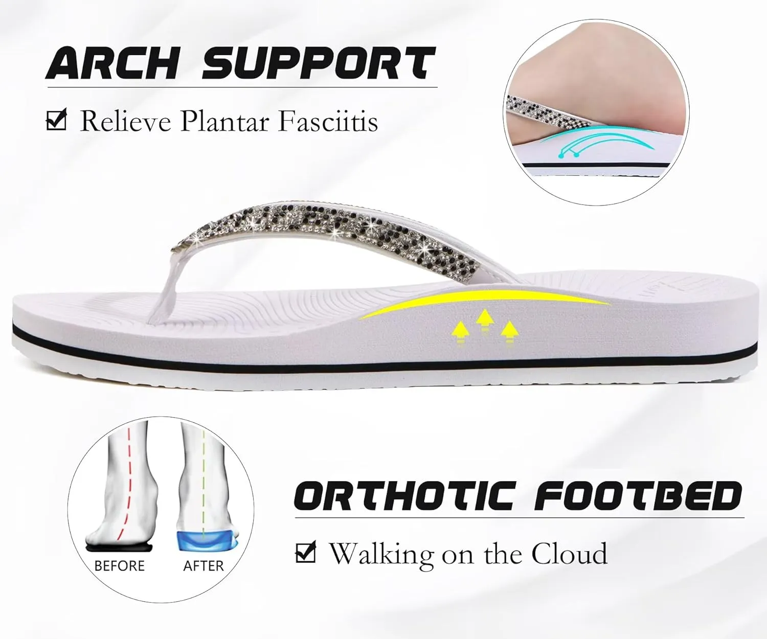 KuaiLu Women's Rhinestone Flip Flops with Comfort Arch Support Yoga Mat Cushion Sandals Fashion Summer Beach Travel Orthotic Walking Thong Sandles Slip on Plantar Fasciitis Indoor Outdoor Shoes