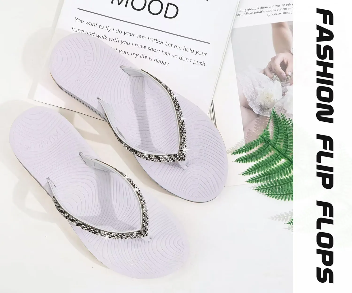 KuaiLu Women's Rhinestone Flip Flops with Comfort Arch Support Yoga Mat Cushion Sandals Fashion Summer Beach Travel Orthotic Walking Thong Sandles Slip on Plantar Fasciitis Indoor Outdoor Shoes
