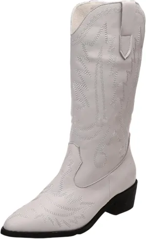 Lausiuoe Boots For Women Knee High Wide Width Cowboy Boots Western Fashion Embroidered Wide Calf Chunky Cowgirl Boots