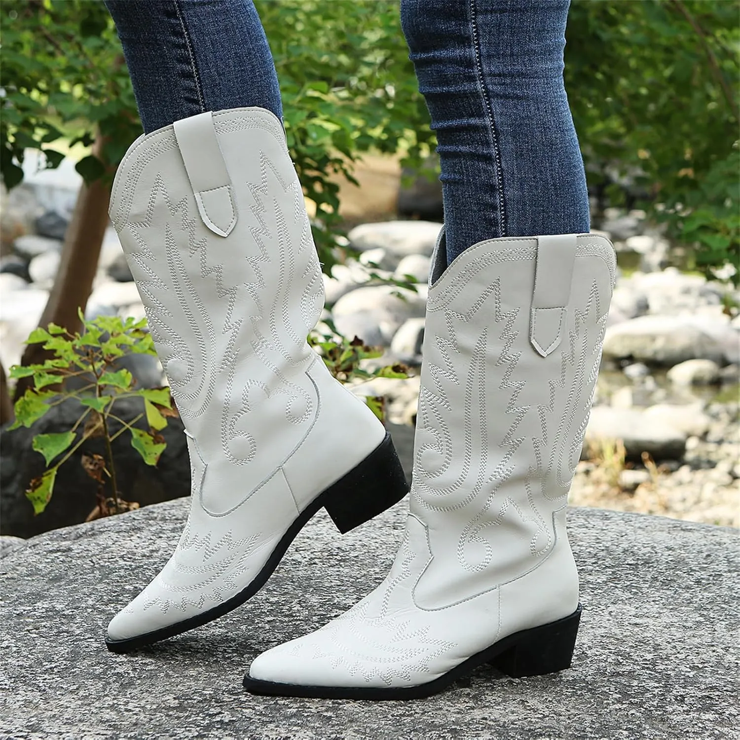 Lausiuoe Boots For Women Knee High Wide Width Cowboy Boots Western Fashion Embroidered Wide Calf Chunky Cowgirl Boots