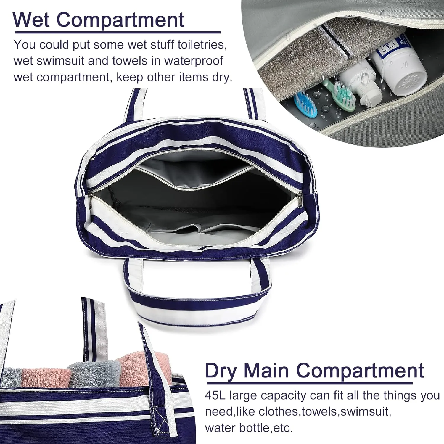 LEDAOU Beach Tote Bag - Women's Waterproof Sandproof Zipper Beach Bags for Pool, Gym, Travel with Wet Pocket