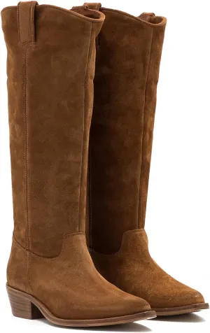 LEHOOR Women Low Stacked Heel Slouchy Knee High Western Boots Pointed Square Toe Velvet Suede 1.5" Chunky Heels Cowboy Boots Wide Calf Pull On Combat Boots Dressy Comfort Casual Winter Retro 4-13 M US