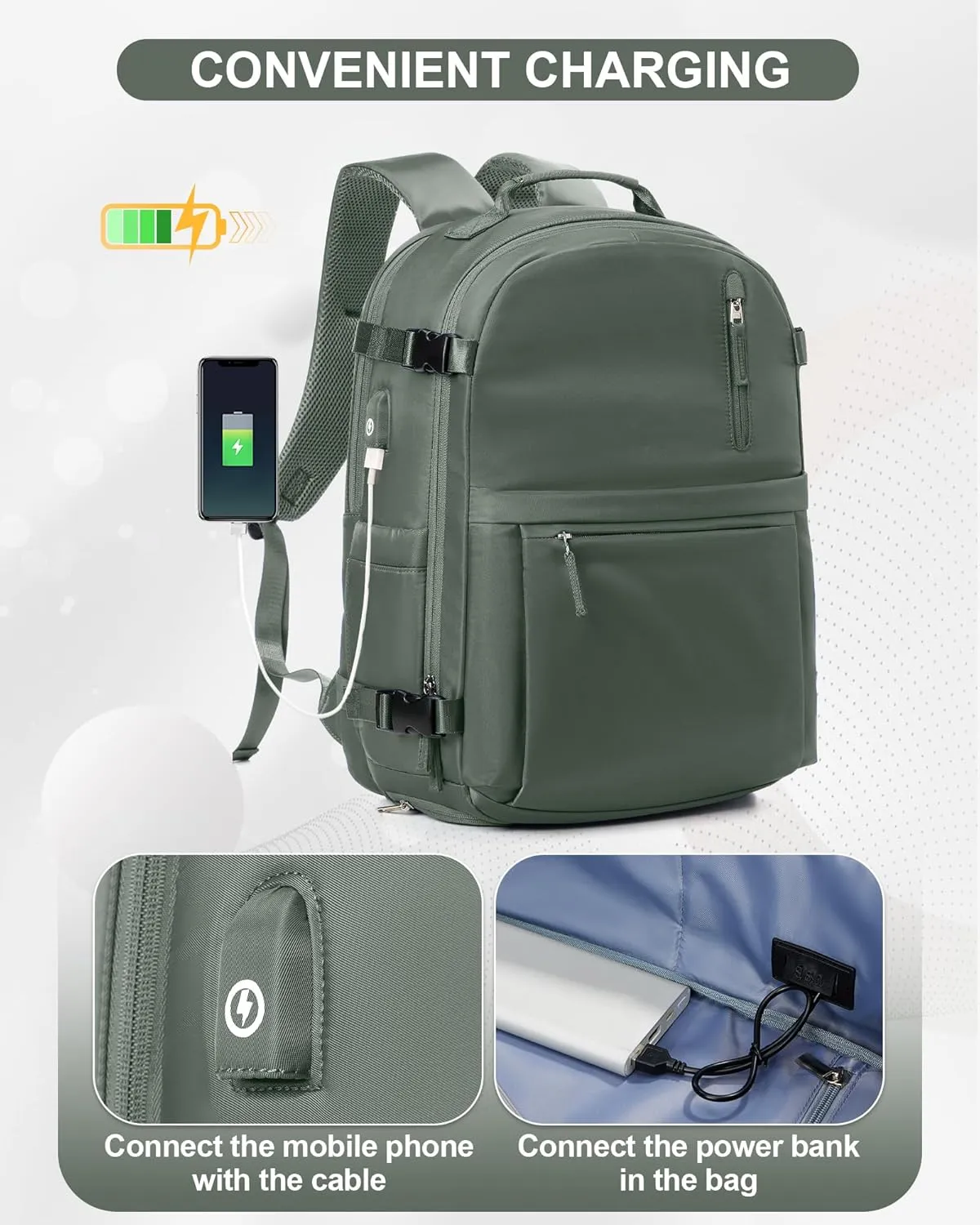 Lightweight Travel Backpack for Women Men Mochila de Viaje Luggage Backpack with USB Charging Port & Shoe Pouch Airline Approved Personal Item Travel Bag Waterproof Utility Backpack(Green)