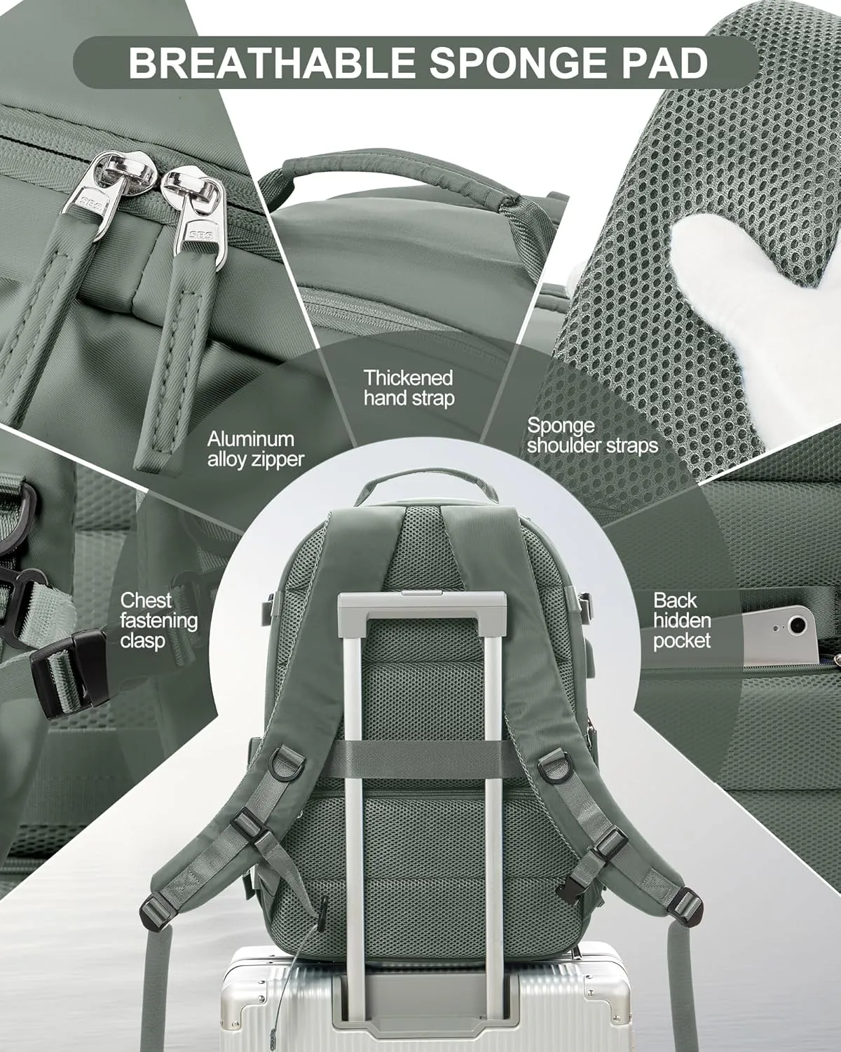 Lightweight Travel Backpack for Women Men Mochila de Viaje Luggage Backpack with USB Charging Port & Shoe Pouch Airline Approved Personal Item Travel Bag Waterproof Utility Backpack(Green)
