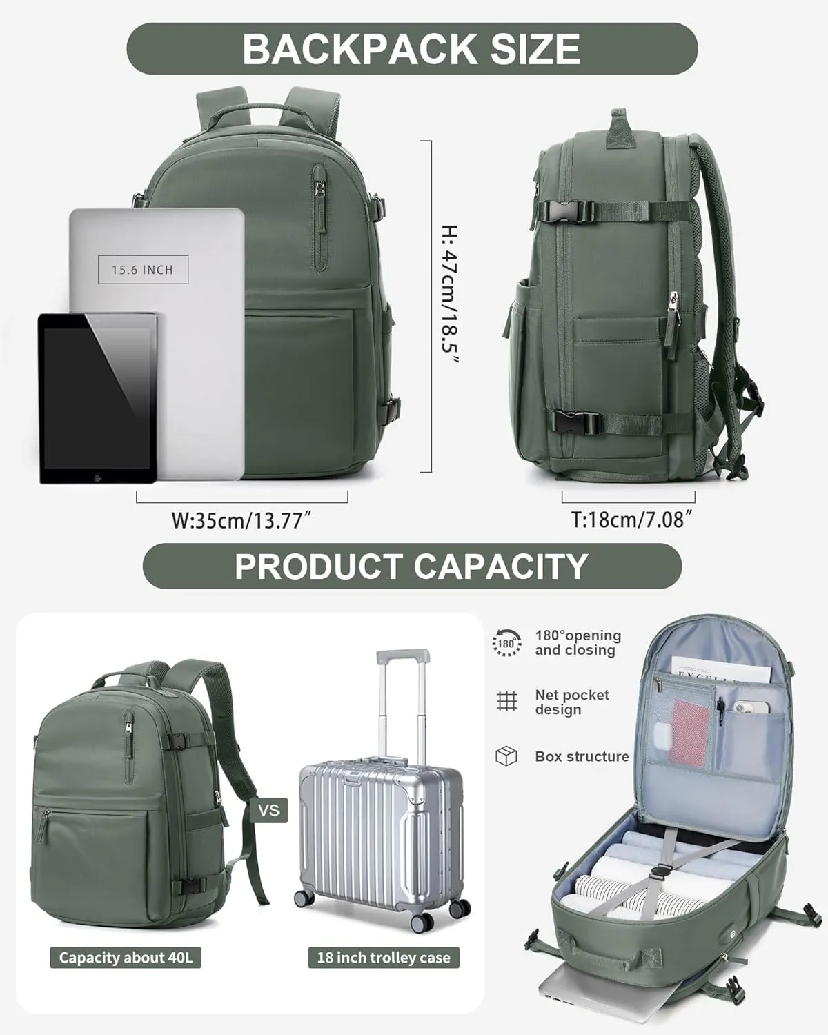 Lightweight Travel Backpack for Women Men Mochila de Viaje Luggage Backpack with USB Charging Port & Shoe Pouch Airline Approved Personal Item Travel Bag Waterproof Utility Backpack(Green)