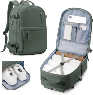 Lightweight Travel Backpack for Women Men Mochila de Viaje Luggage Backpack with USB Charging Port & Shoe Pouch Airline Approved Personal Item Travel Bag Waterproof Utility Backpack(Green)