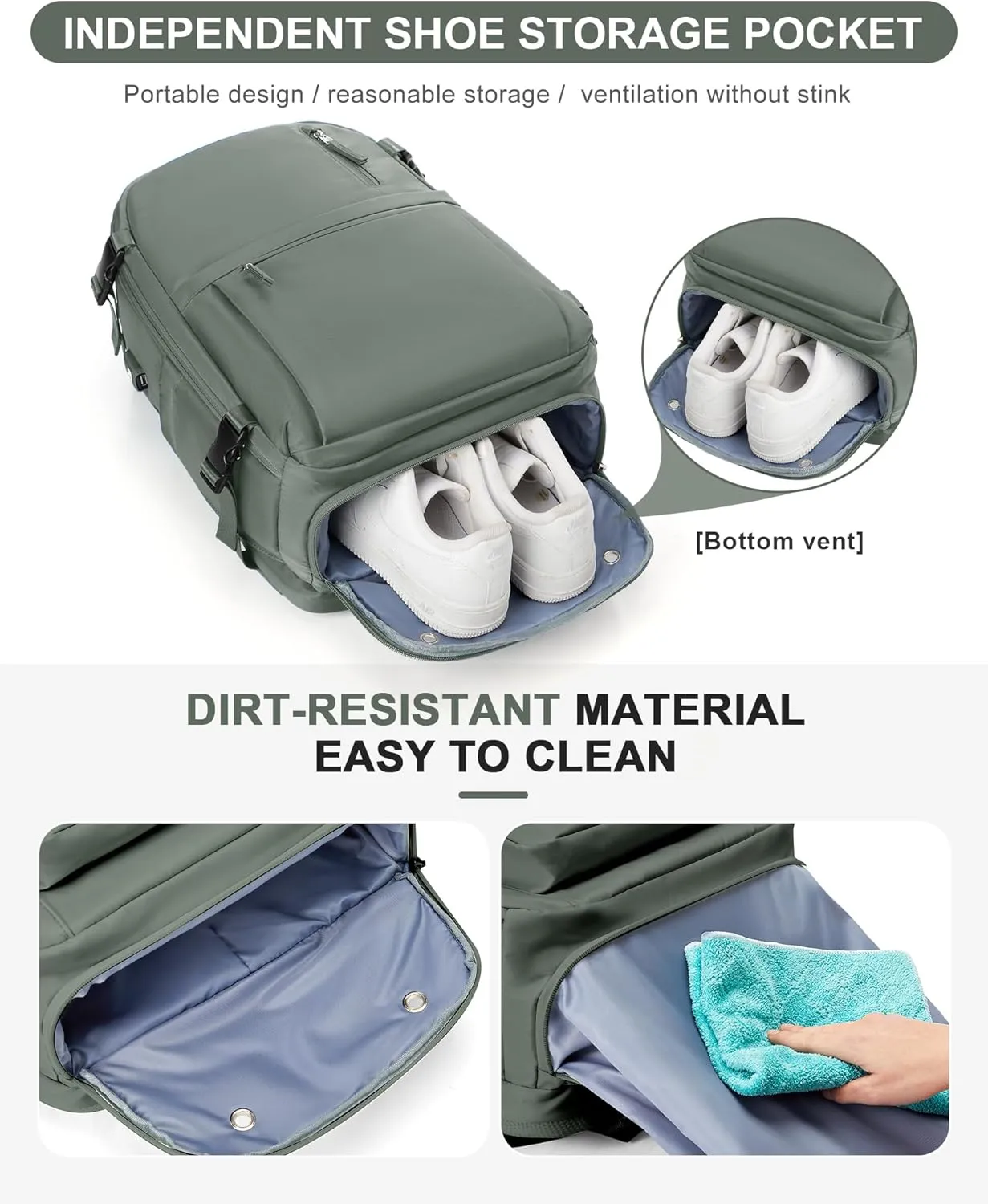 Lightweight Travel Backpack for Women Men Mochila de Viaje Luggage Backpack with USB Charging Port & Shoe Pouch Airline Approved Personal Item Travel Bag Waterproof Utility Backpack(Green)