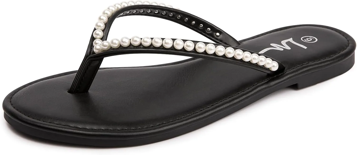 LM Women's Pearls Strappy Flat Sandals Thong Sandals Flip Flop Slip On Slide Sandals for Women Dressy Summer
