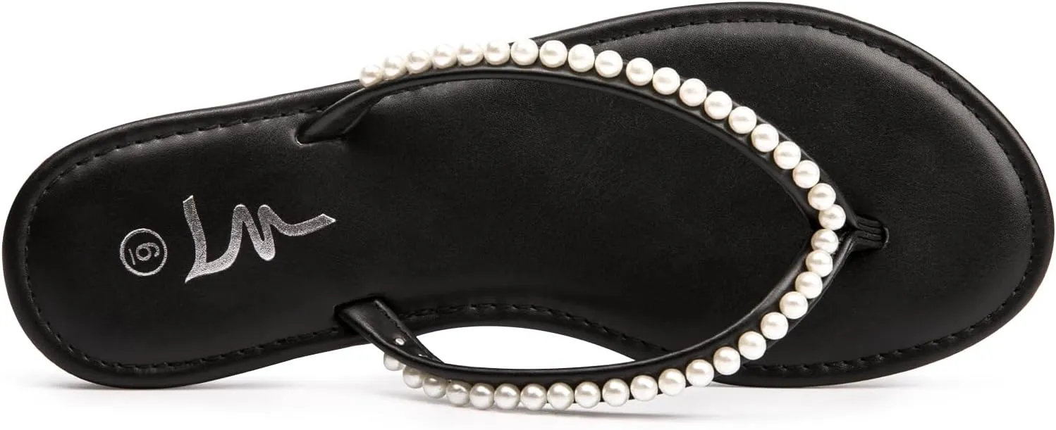 LM Women's Pearls Strappy Flat Sandals Thong Sandals Flip Flop Slip On Slide Sandals for Women Dressy Summer