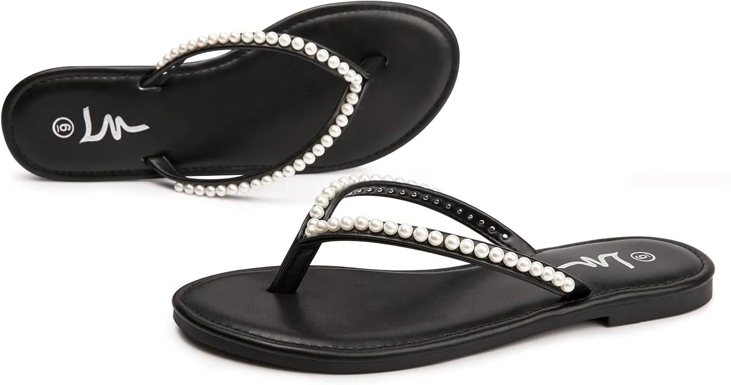 LM Women's Pearls Strappy Flat Sandals Thong Sandals Flip Flop Slip On Slide Sandals for Women Dressy Summer
