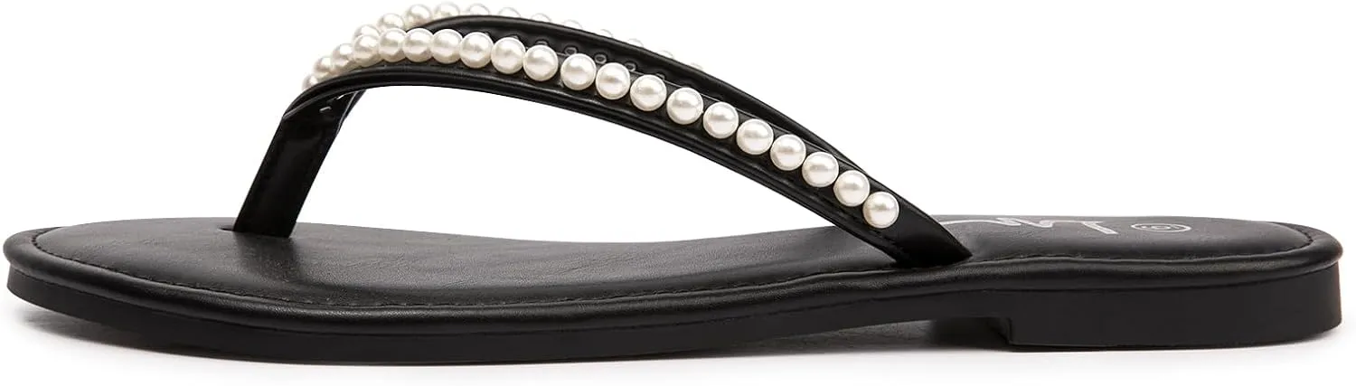 LM Women's Pearls Strappy Flat Sandals Thong Sandals Flip Flop Slip On Slide Sandals for Women Dressy Summer