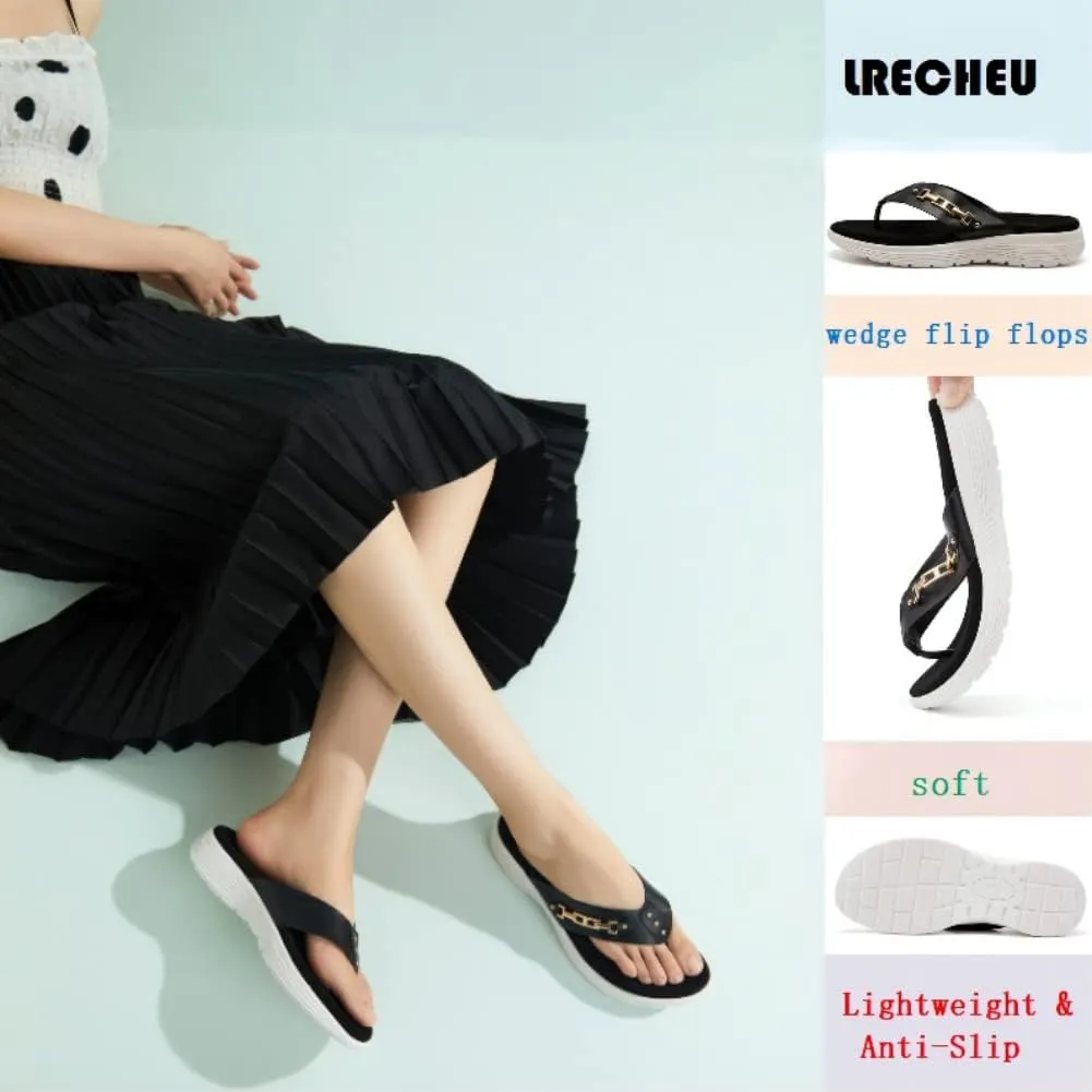 LRECHEU Wedge Flip Flops Sandals for Women, Lightweight Casual Thong Sandals Like Walking On Clouds