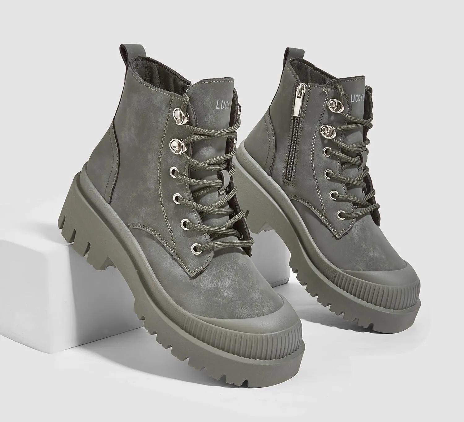 LUCKY STEP Women's Platform Ankle Boots Zipper Fashion Combat Thick Lug Sole Durable Chunky Wedge Booties Shoes