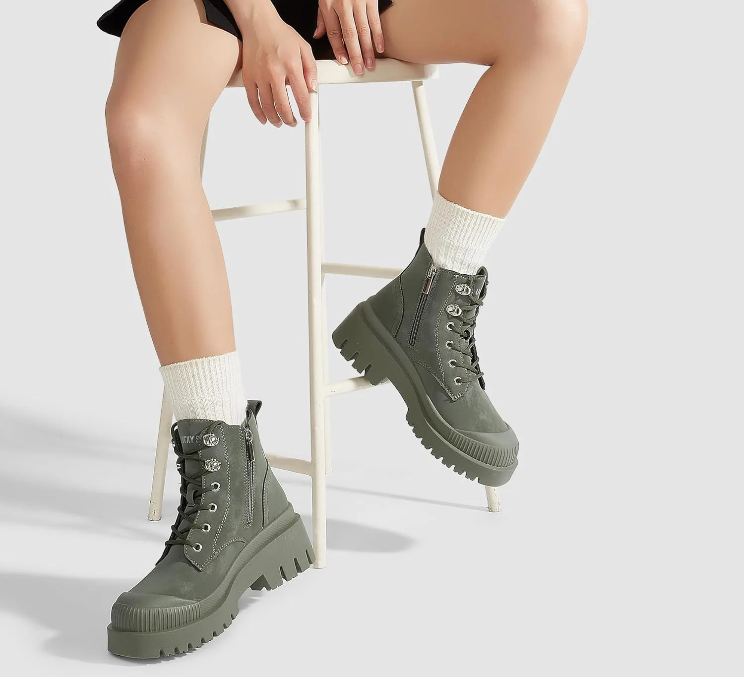 LUCKY STEP Women's Platform Ankle Boots Zipper Fashion Combat Thick Lug Sole Durable Chunky Wedge Booties Shoes