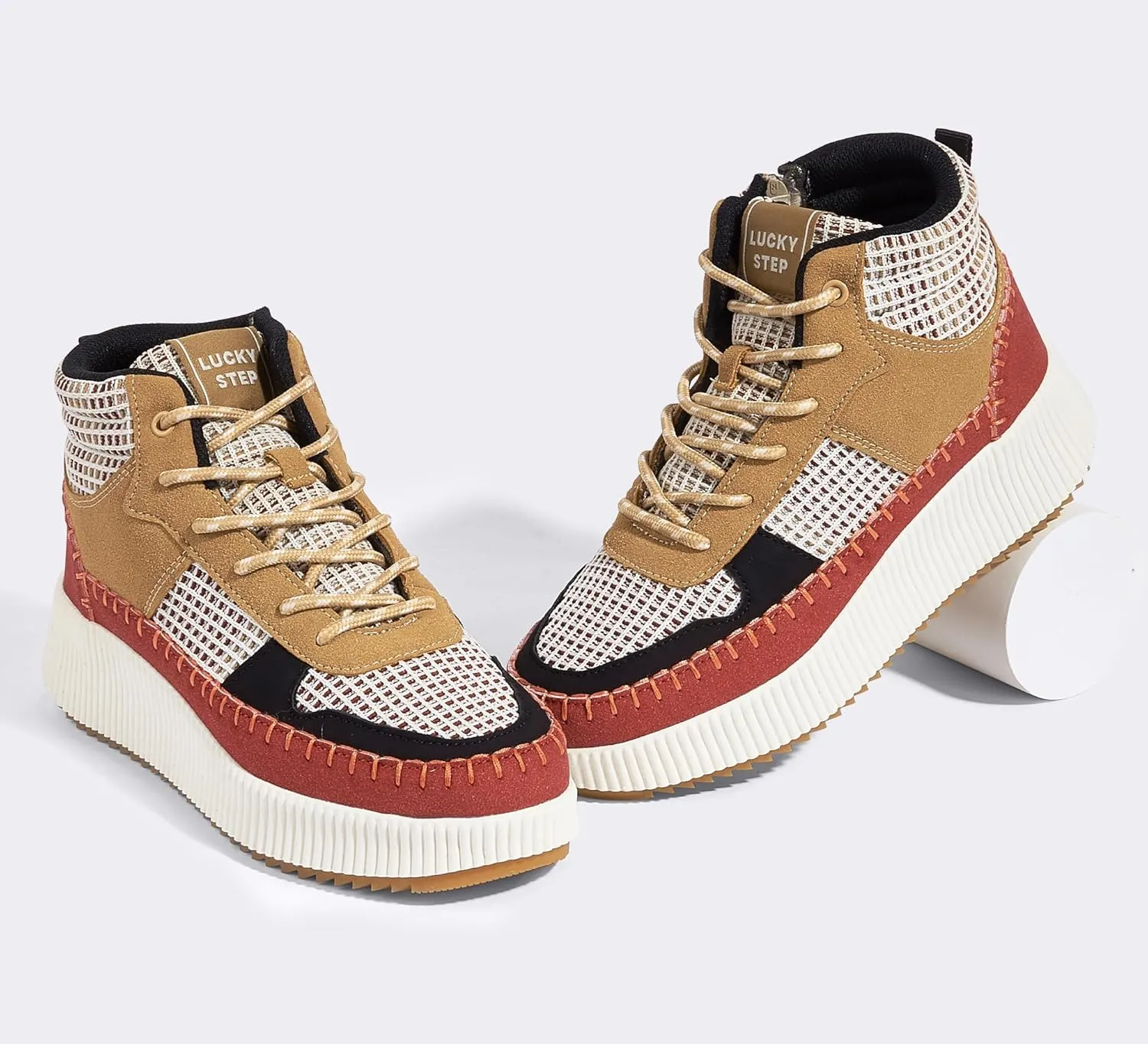 LUCKY STEP Women's Platform High Top Sneakers Fashion Zipper Woven Chunky Ankle Boots Casual Tennis Retro Braided Walking Shoes