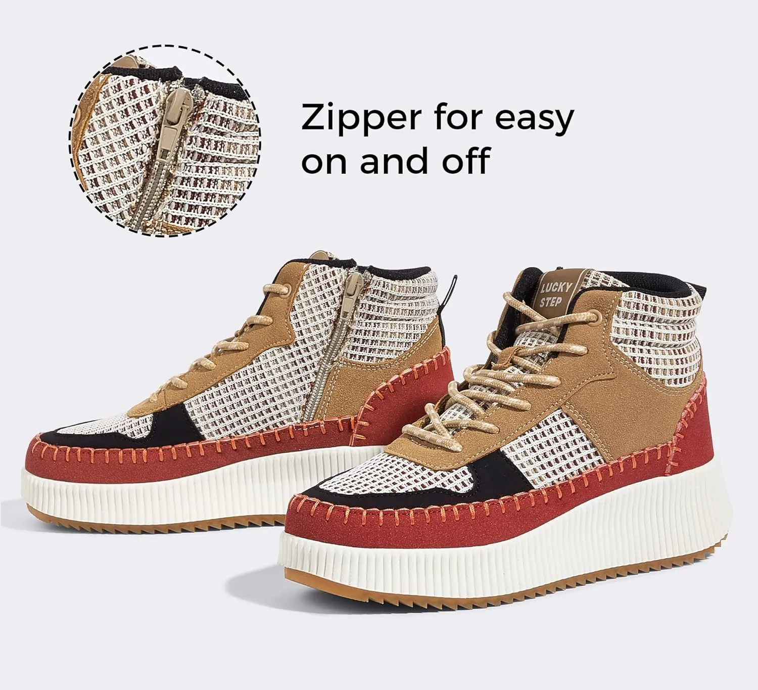 LUCKY STEP Women's Platform High Top Sneakers Fashion Zipper Woven Chunky Ankle Boots Casual Tennis Retro Braided Walking Shoes