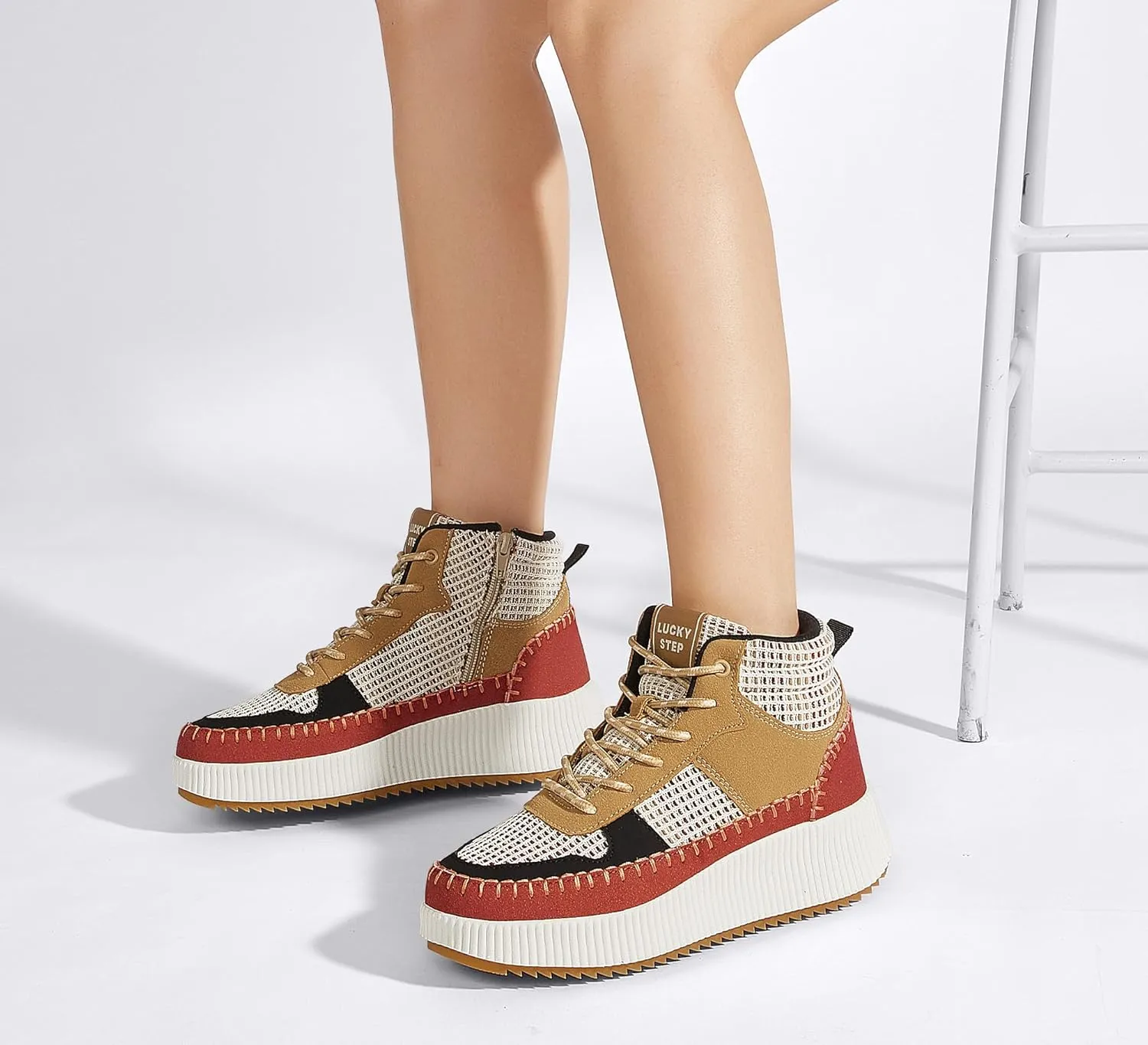 LUCKY STEP Women's Platform High Top Sneakers Fashion Zipper Woven Chunky Ankle Boots Casual Tennis Retro Braided Walking Shoes