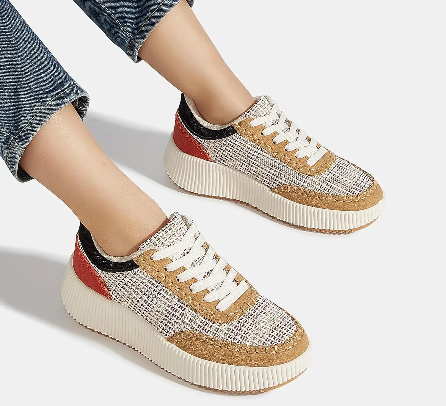 LUCKY STEP Women's Platform Sneakers Retro Braided Fashion Casual Chunky Shoes Breathable Durable Non Slip Walking Footwear