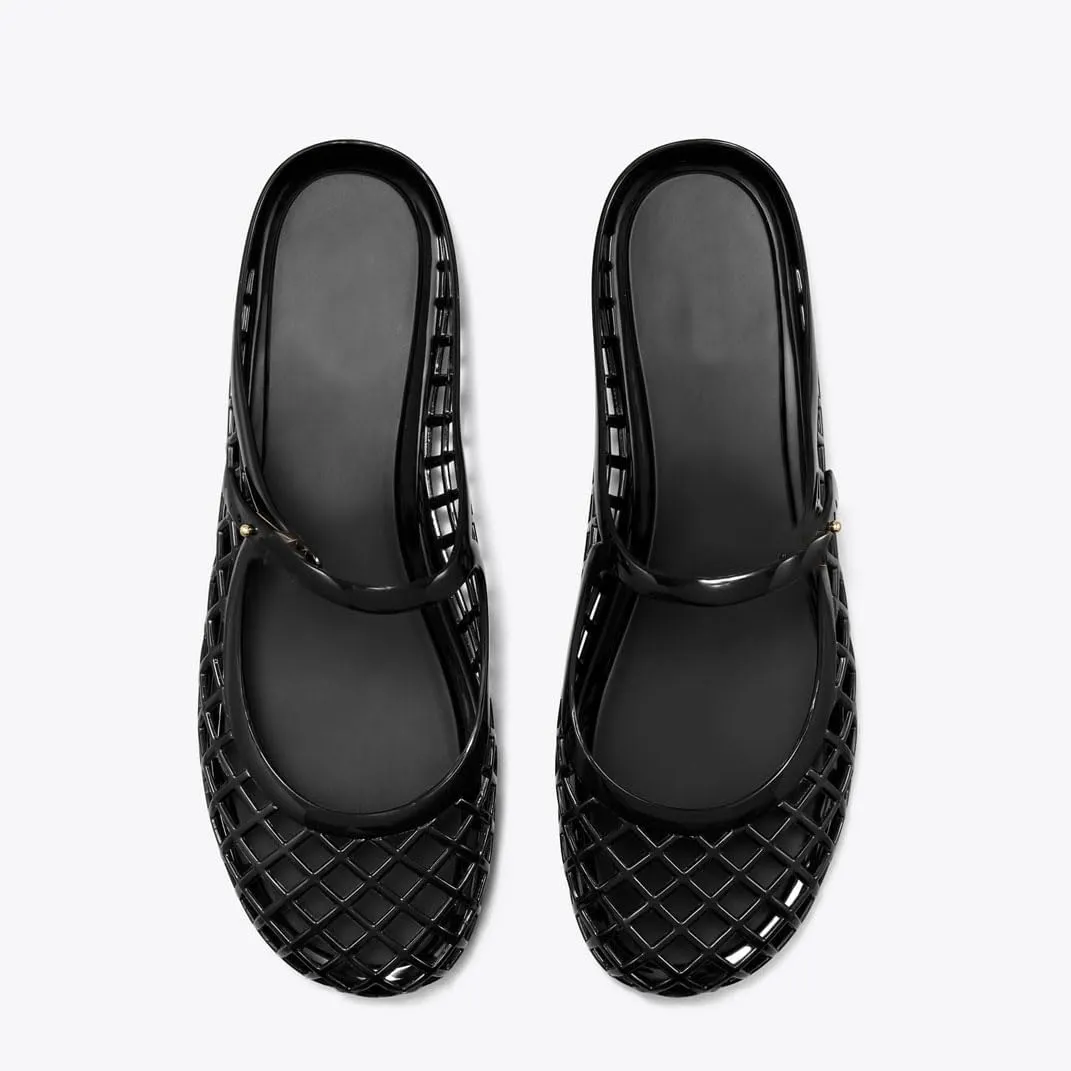 Mary Jane Jelly Mesh Hollow Flat Sandals for Women Closed Round Toe Ankle Strap Jellies Sandals Casual Summer Beach Jelly Flat Shoes