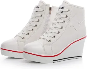 Mei MACLEOD High Heel Wedge Sneakers for Women Casual Lace Up Canvas Shoes for Ladies Platform Wedge Shoes AnkleBooties