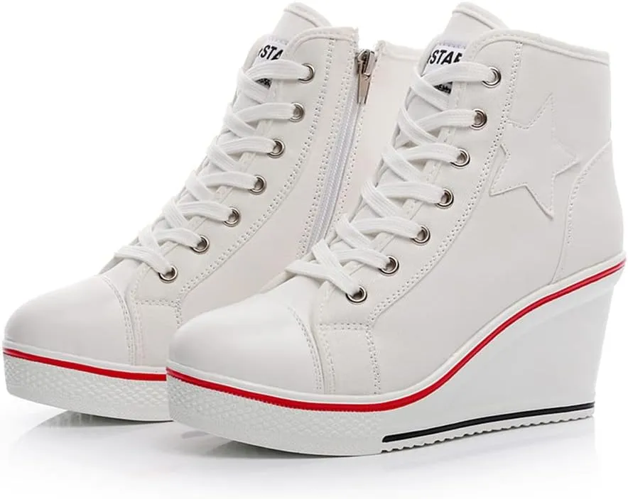 Mei MACLEOD High Heel Wedge Sneakers for Women Casual Lace Up Canvas Shoes for Ladies Platform Wedge Shoes AnkleBooties