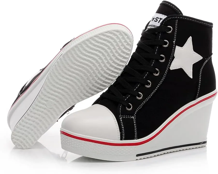 Mei MACLEOD High Heel Wedge Sneakers for Women Casual Lace Up Canvas Shoes for Ladies Platform Wedge Shoes AnkleBooties