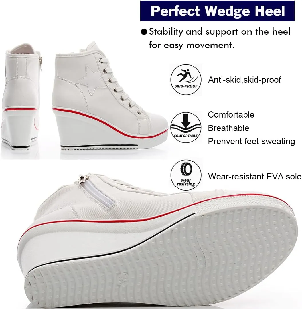 Mei MACLEOD High Heel Wedge Sneakers for Women Casual Lace Up Canvas Shoes for Ladies Platform Wedge Shoes AnkleBooties