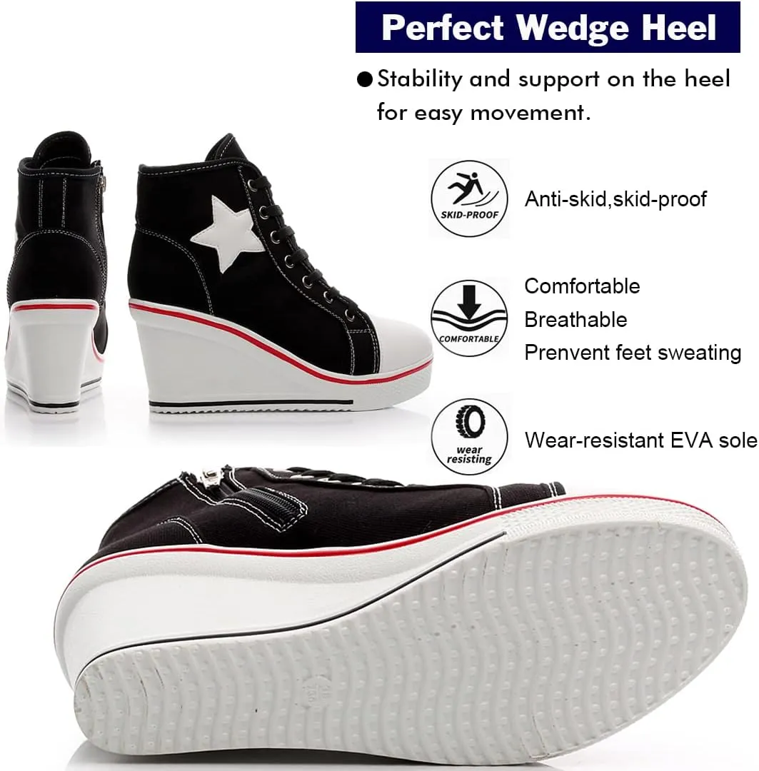 Mei MACLEOD High Heel Wedge Sneakers for Women Casual Lace Up Canvas Shoes for Ladies Platform Wedge Shoes AnkleBooties