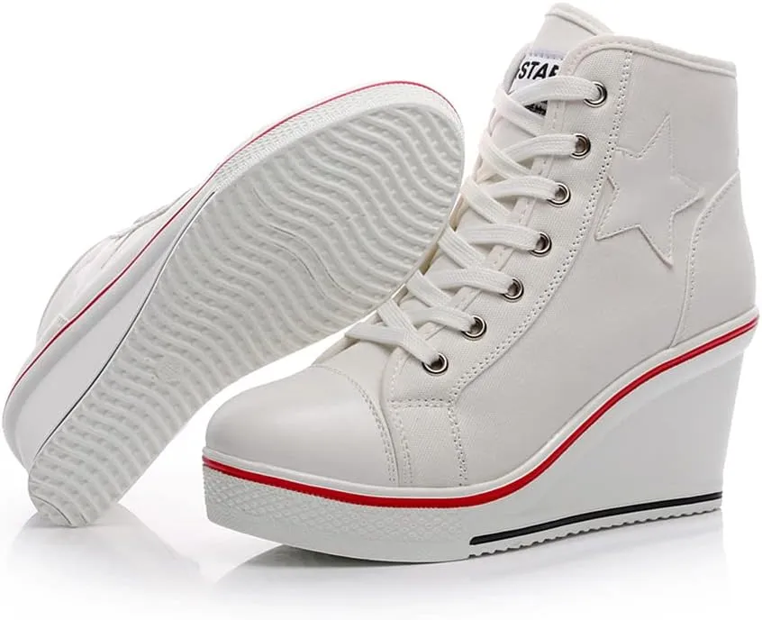 Mei MACLEOD High Heel Wedge Sneakers for Women Casual Lace Up Canvas Shoes for Ladies Platform Wedge Shoes AnkleBooties