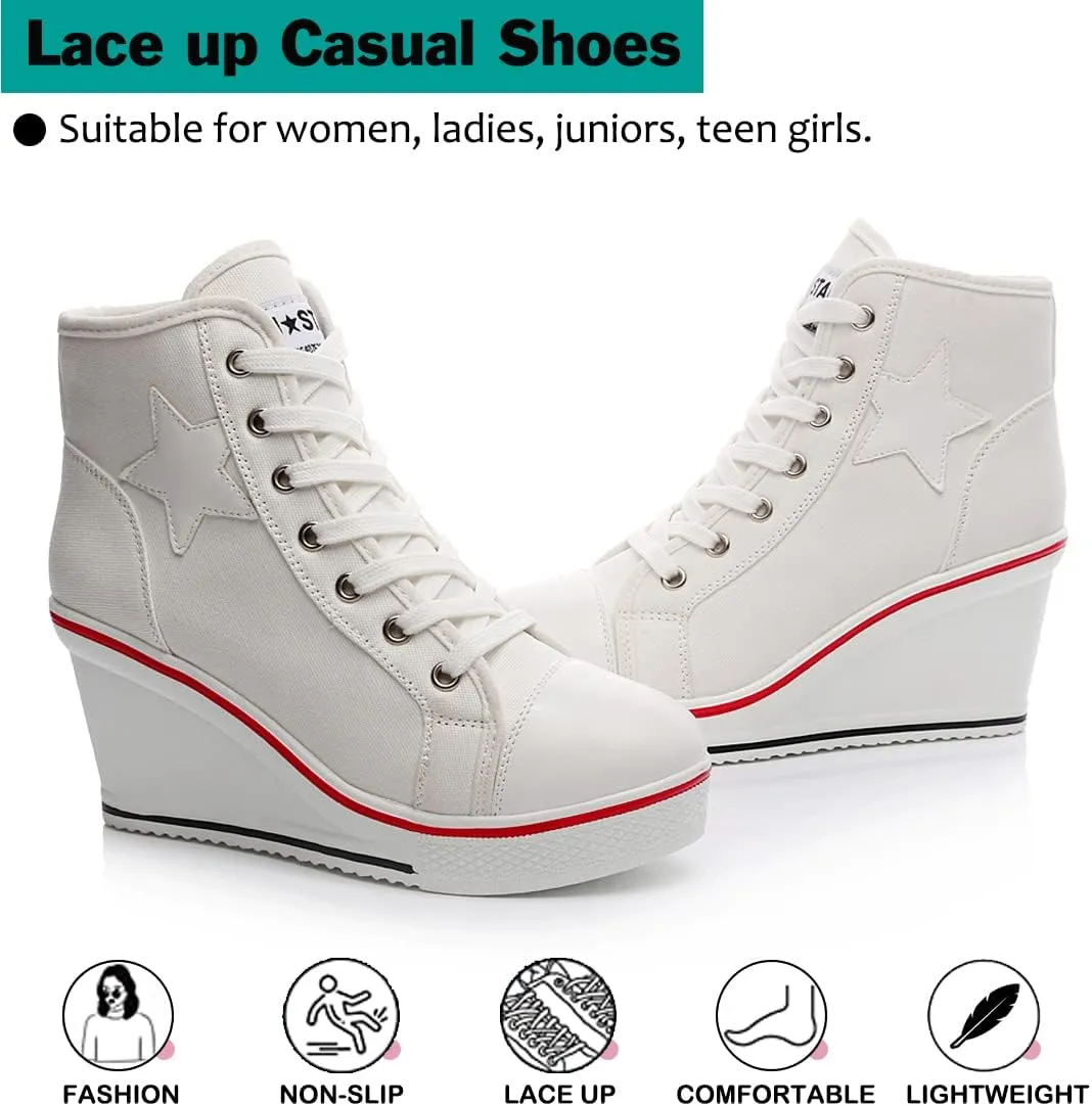 Mei MACLEOD High Heel Wedge Sneakers for Women Casual Lace Up Canvas Shoes for Ladies Platform Wedge Shoes AnkleBooties
