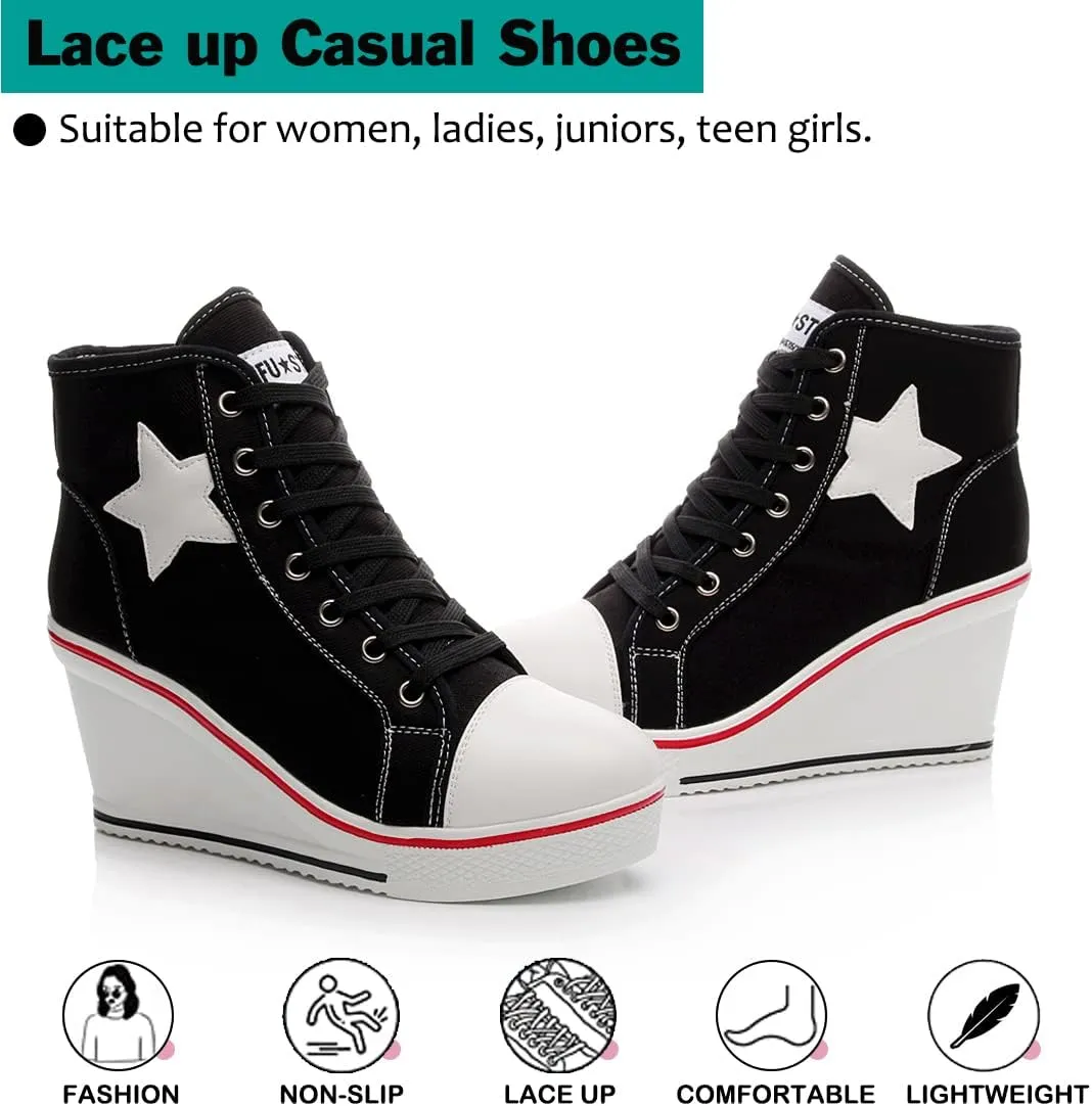 Mei MACLEOD High Heel Wedge Sneakers for Women Casual Lace Up Canvas Shoes for Ladies Platform Wedge Shoes AnkleBooties
