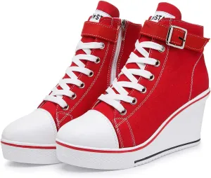 Mei MACLEOD Wedge Heel Sneaker for Women High Heel Sneaker Side Zipper/Lace Up Canvas Shoes for Ladies College Students
