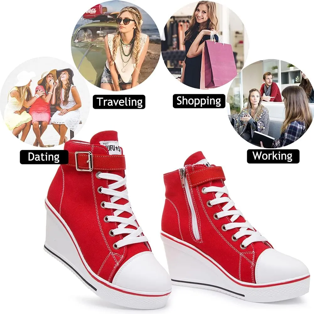 Mei MACLEOD Wedge Heel Sneaker for Women High Heel Sneaker Side Zipper/Lace Up Canvas Shoes for Ladies College Students