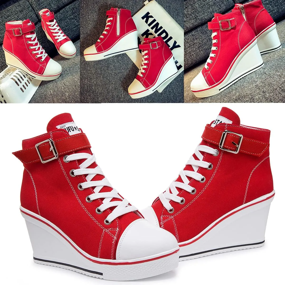 Mei MACLEOD Wedge Heel Sneaker for Women High Heel Sneaker Side Zipper/Lace Up Canvas Shoes for Ladies College Students