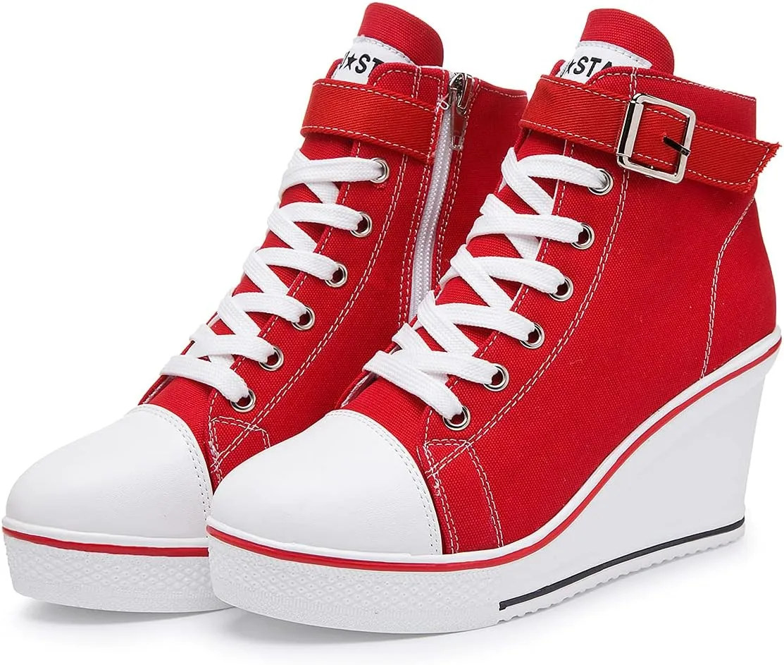Mei MACLEOD Wedge Heel Sneaker for Women High Heel Sneaker Side Zipper/Lace Up Canvas Shoes for Ladies College Students